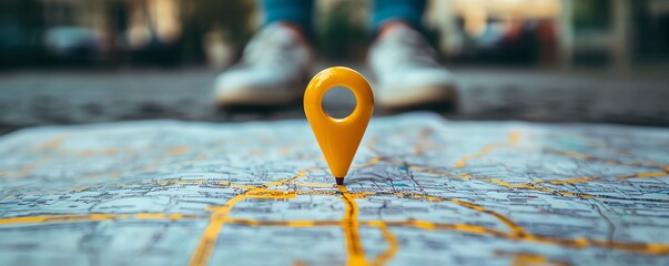 Yellow pin marker on a map marking a travel destination, with blurred legs and shoes in the background, conveying the excitement of travel, sharp, realistic details
