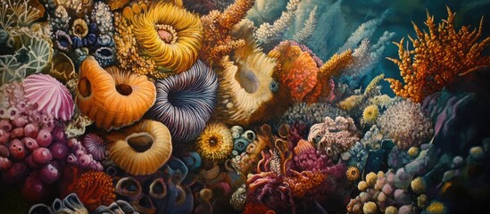 Obraz premium Vibrant coral reef ecosystem showcasing diverse marine life and colorful organisms enhancing underwater beauty and rejuvenating the senses