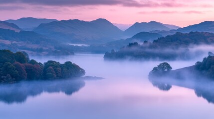 Fototapeta premium Serene morning fog beautifully embraces a stunning mountain lake at sunrise, creating a tranquil view