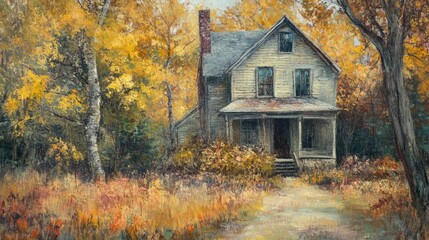 Rustic old farmhouse surrounded by autumn foliage in a tranquil countryside setting with vibrant colors and natural beauty.