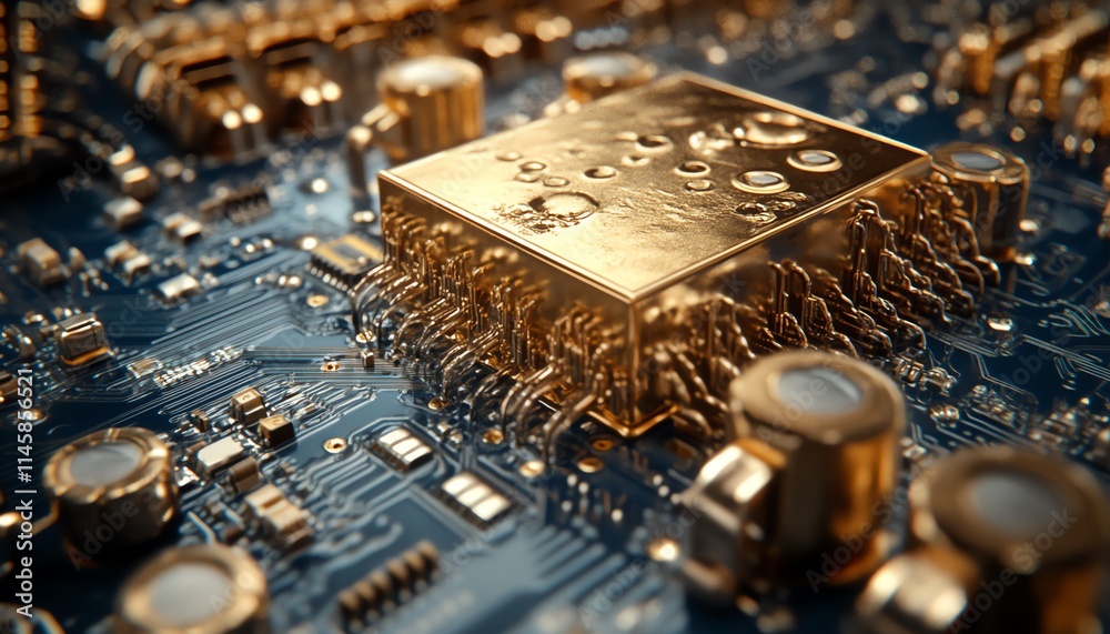 Aufkleber closeup of a gold processor on a blue circuit board with intricate connections, symbolizing advanced