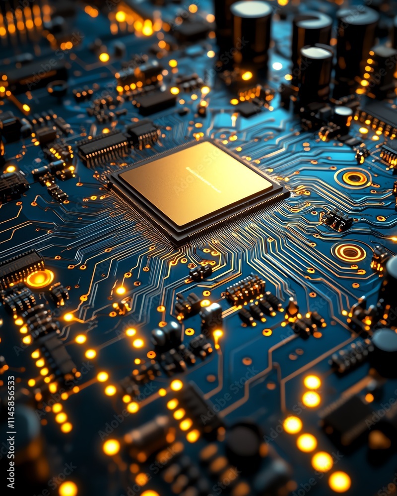 Poster closeup of a gold processor on a blue circuit board with intricate connections, symbolizing advanced