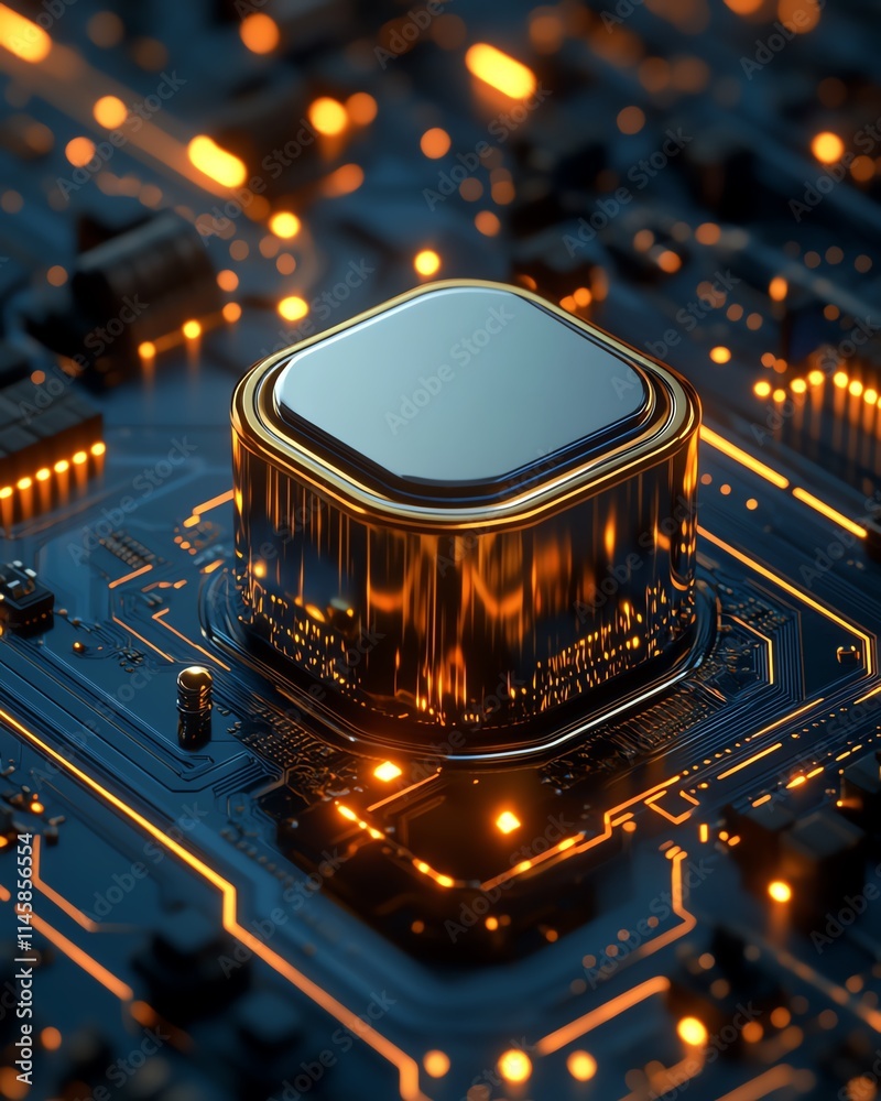 Poster Closeup of a gold processor on a blue circuit board with intricate connections, symbolizing advanced technology and innovation, ultradetailed, futuristic design
