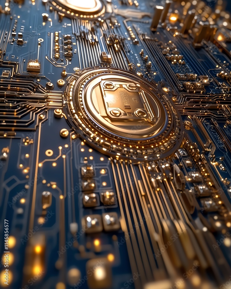 Poster closeup of a gold processor on a blue circuit board with intricate connections, symbolizing advanced