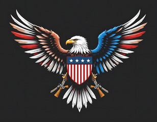 Patriotic Bald Eagle with American Flag Shield and Crossed Rifles: A Symbol of National Pride and Military Strength