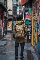 Obraz premium Urban Alleyway Traveler with Backpack Graffiti Art City Exploration