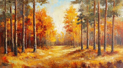 Obraz premium Autumn forest scene with vibrant pine trees and golden foliage creating a tranquil natural pathway in warm seasonal colors.