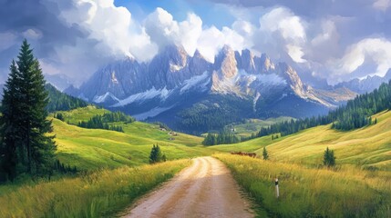 Obraz premium Scenic dirt road surrounded by lush green fields and majestic mountains under a vibrant sky in a serene valley landscape