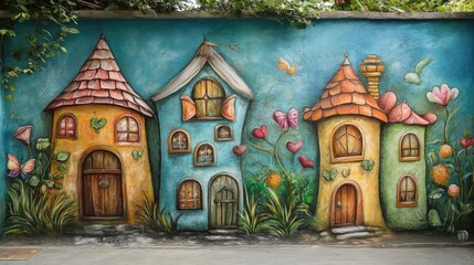 Colorful fairy houses mural with whimsical designs and vibrant flowers adorning a textured wall in an outdoor setting.