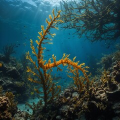 A unique underwater scene featuring a leafy sea dragon blending in with kelp.