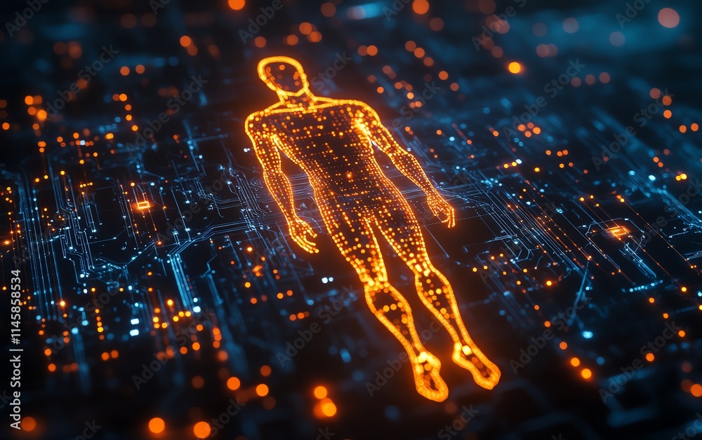 Aufkleber digital network concept with orange and white human icons connected by glowing circuit lines on a da