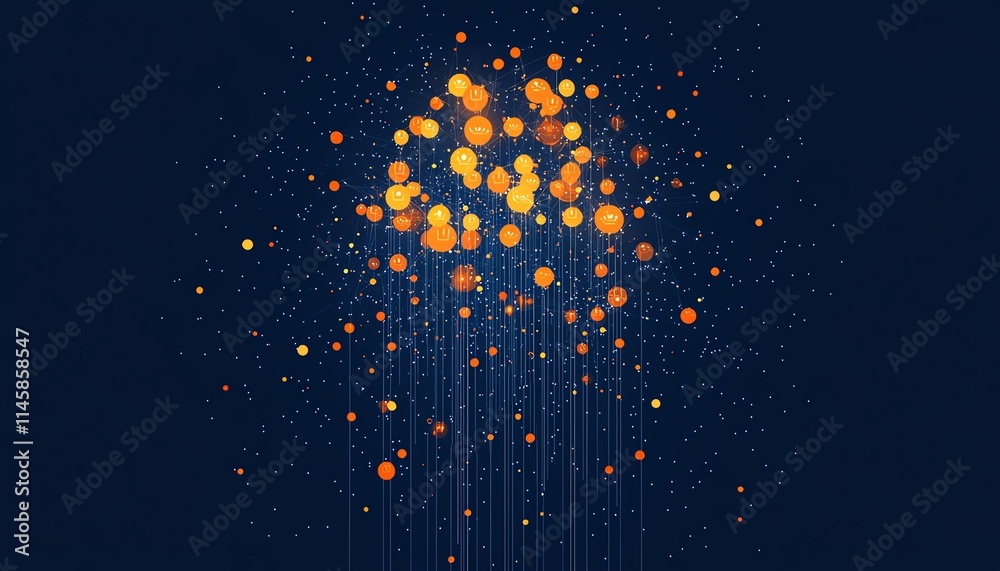 Poster digital network concept with glowing circuit lines connecting human icons in orange and white on a d