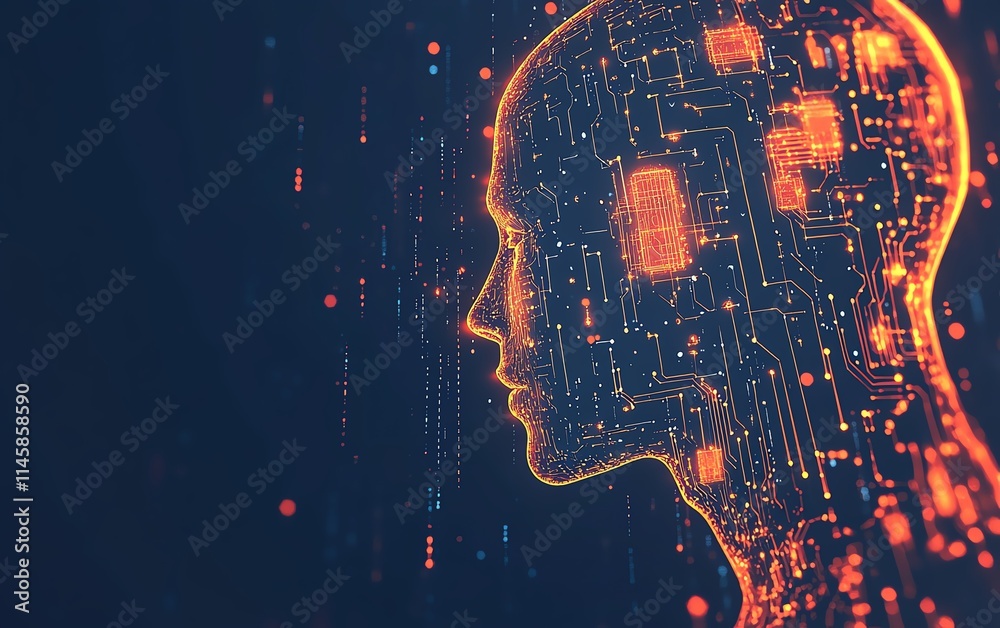 Poster Digital network concept with orange and white human icons connected by glowing circuit lines on a dark blue background