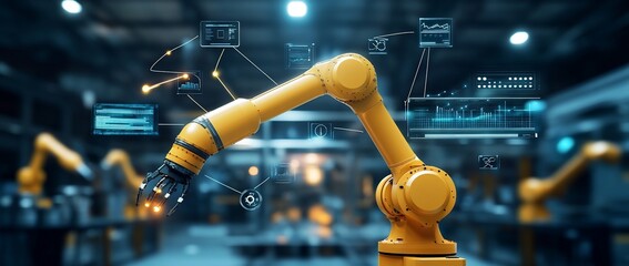 Fototapeta premium Smart factory automation robotic arm with digital interface.