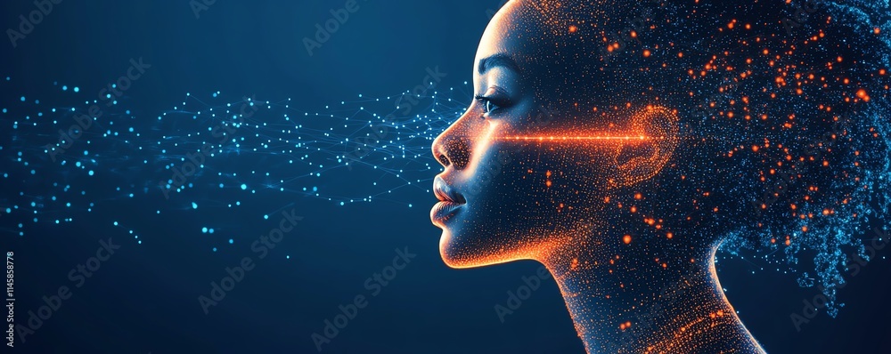 Poster futuristic digital network with human icons in orange and white, connected by luminous circuit lines