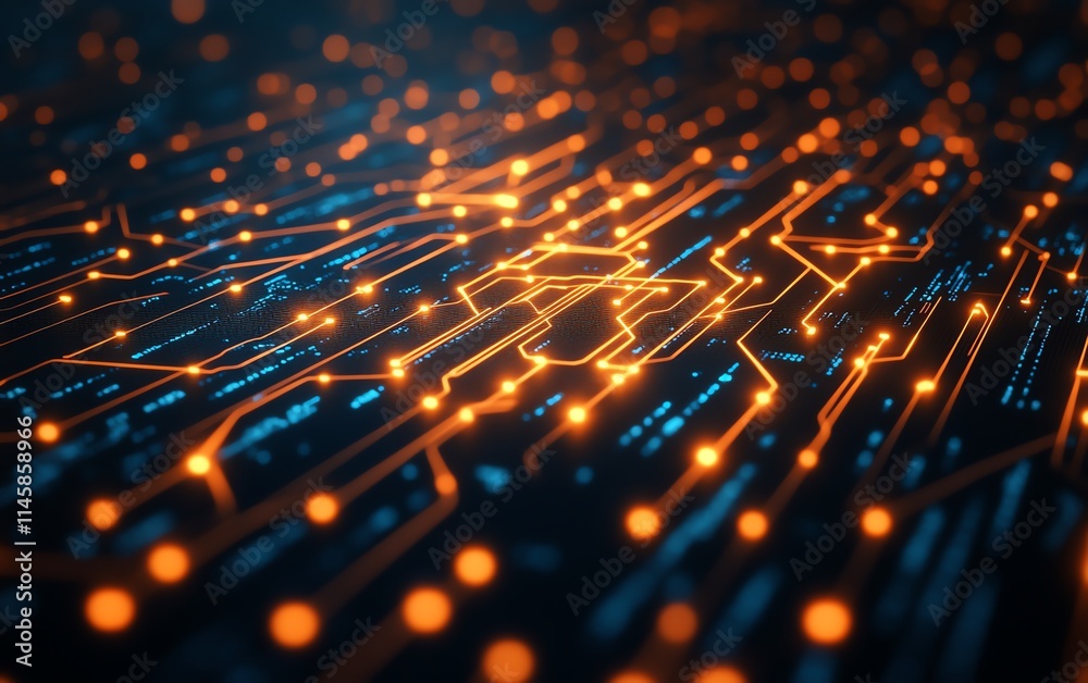 Poster glowing circuit lines connecting orange and white human icons on a dark blue background, symbolizing