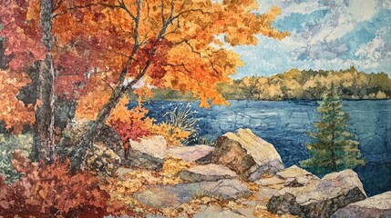 Vibrant Autumn Colors Reflected in Calm Lake Surrounded by Scenic Rocks and Trees