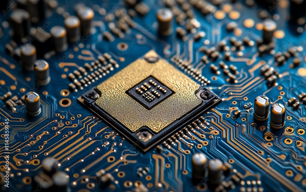 Aufkleber gold microprocessor embedded in a blue circuit board, intricate connection patterns symbolizing the 