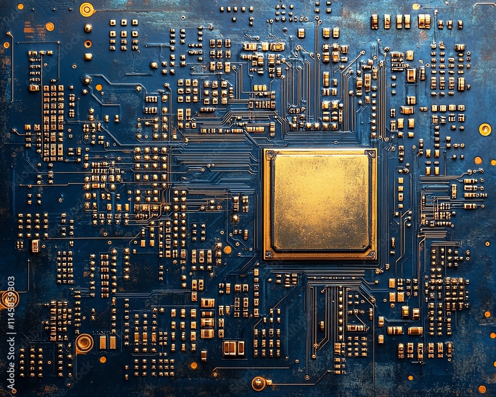 Leinwandbilder gold processor embedded in a hightech blue circuit board, intricate wiring and digital connections, 