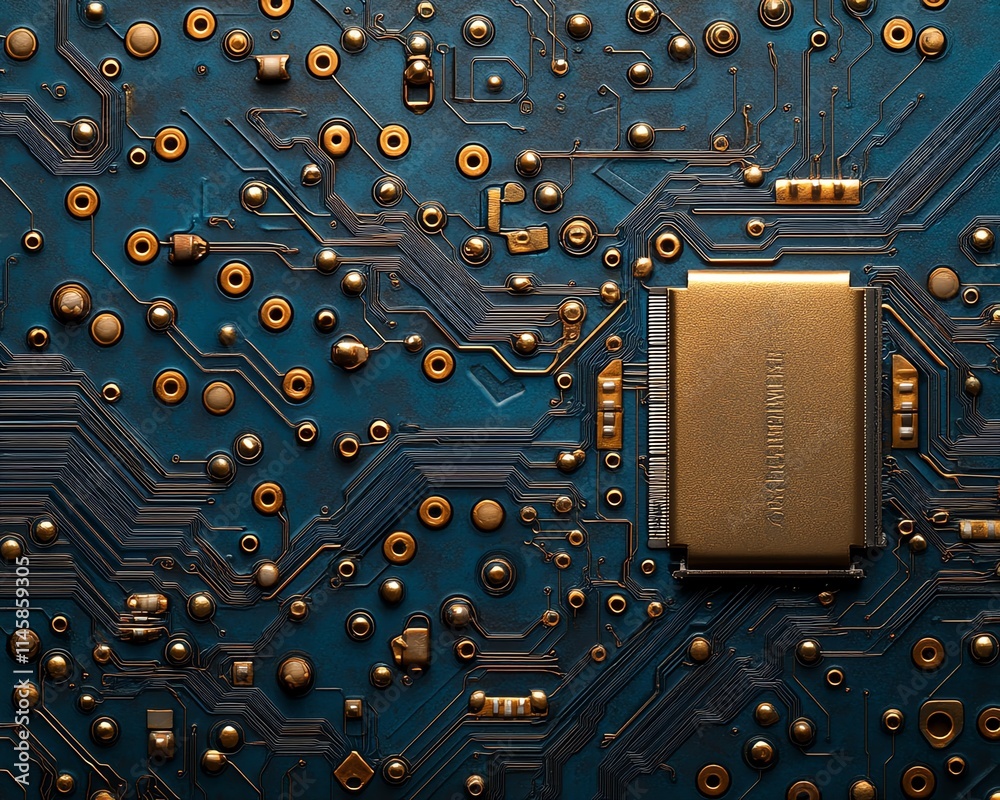 Poster Gold processor embedded in a hightech blue circuit board, intricate wiring and digital connections, representing cuttingedge innovation and technological advancement
