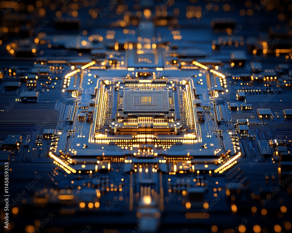 Aufkleber gold processor embedded in a hightech blue circuit board, intricate wiring and digital connections, 