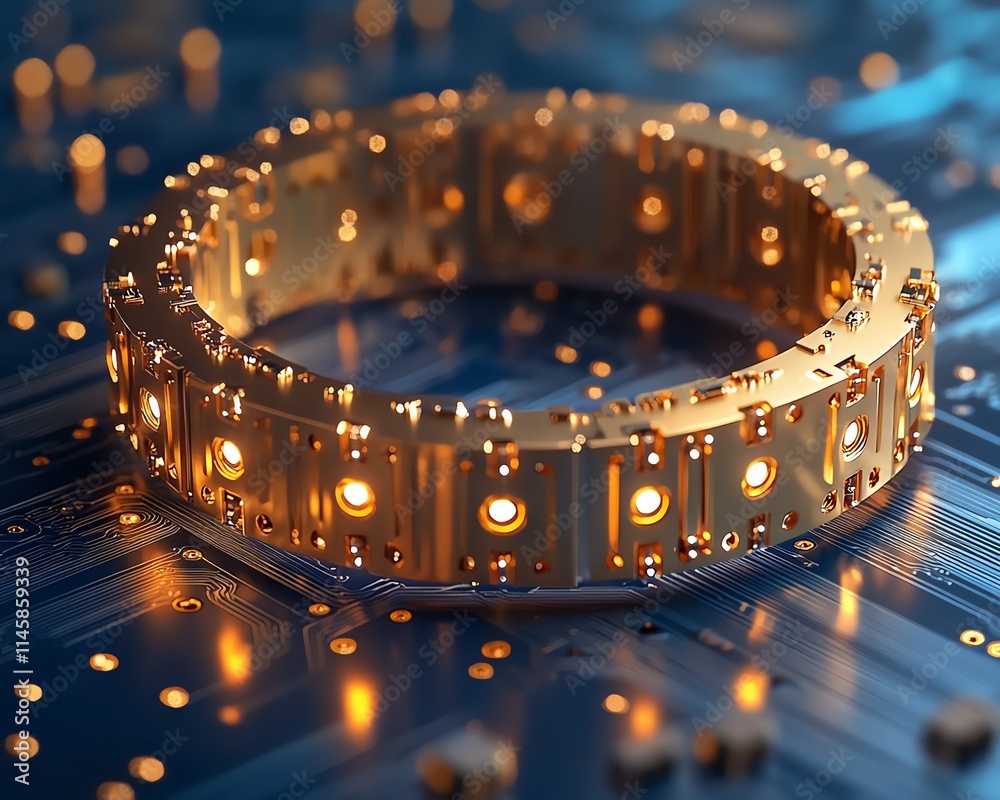 Aufkleber gold processor embedded in a hightech blue circuit board, intricate wiring and digital connections, 