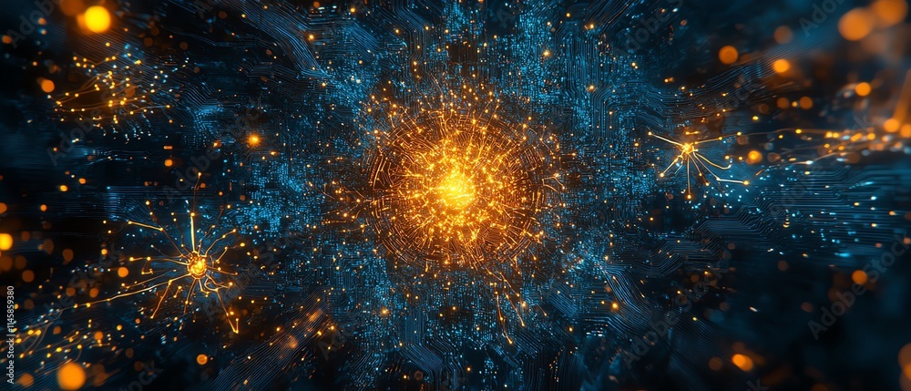 Poster gold processor surrounded by intricate blue circuit board connections, symbolizing innovation and th