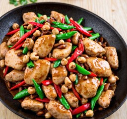 A delicious stir-fried chicken dish with colorful vegetables and peanuts.