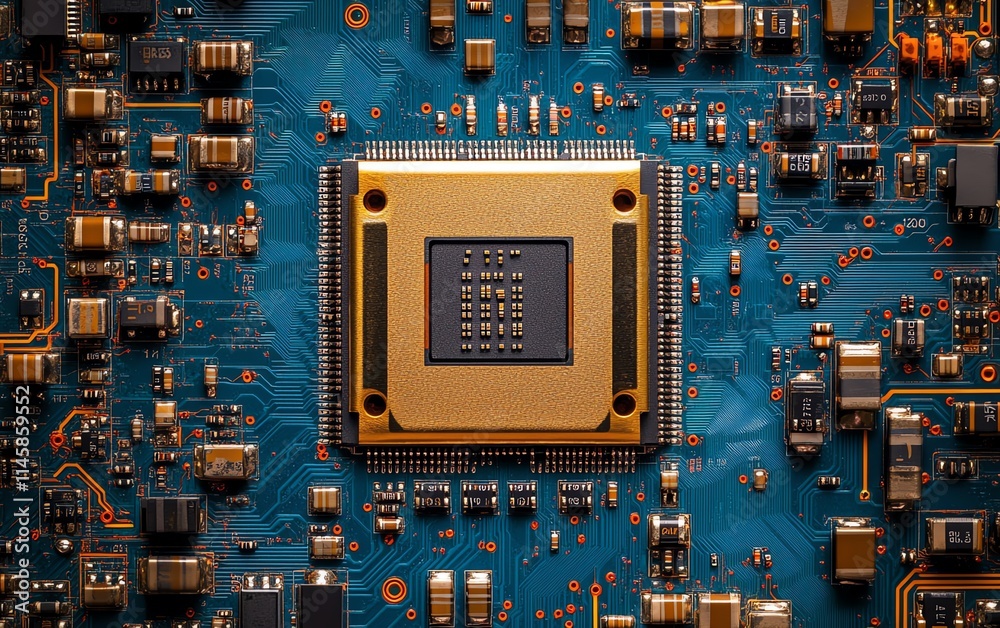 Poster highly detailed gold processor placed on a blue circuit board, with complex connections highlighting