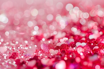 Defocused lights in the shape of hearts, Sparkling Pink Dreams. Elegant and glamorous background with high detailed pink glitter texture, pink shiny glitter glamour sweet bokeh for beauty background.