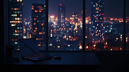 A laptop on a desk with a city skyline illuminated at night.