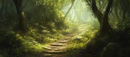 Tranquil forest pathway winding through lush greenery illuminated by soft sunlight in a serene woodland environment