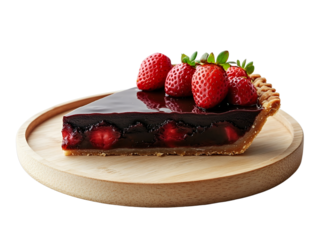 Extreme front view of hyperrealistic slice of chocolate strawberry pie on a wooden tray isolated on a white transparent background