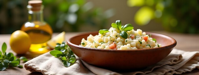 Fresh herb pasta salad with cherry tomatoes and olive oil,  taramosalata