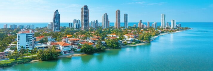 Fototapeta premium Coastal city skyline with turquoise water, luxury homes, and high-rise buildings.