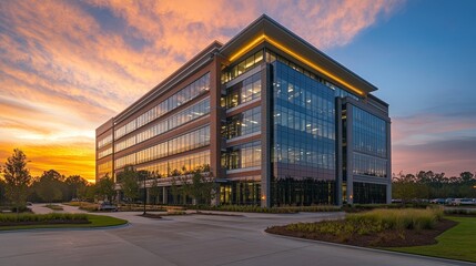 Modern office building at sunset with large glass windows and landscaped surroundings.
