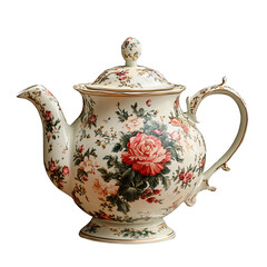 Vintage floral porcelain teapot isolated on transparent background.