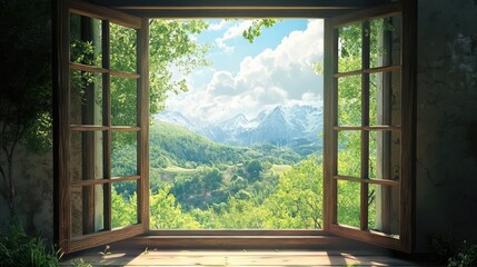 Scenic View from Open Window Overlooking Lush Green Landscape and Majestic Mountains Under a Bright Blue Sky