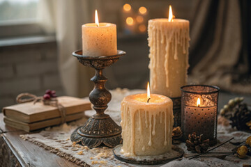 Vintage candles with melted wax create a warm ambiance in a cozy setting
