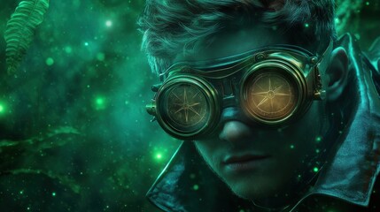 Mysterious Adventurer in Steampunk Goggles Surrounded by Enigmatic Green Glow in a Fantasy Environment