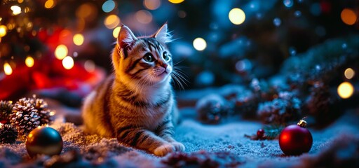 Adorable Kitten Amid Glittering Christmas Lights and Festive Decorations