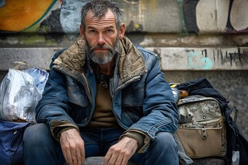 Fototapeta premium Homeless Man Poverty Urban Street Sad Poor Adult City Despair Depression Bag Backpack Graffiti