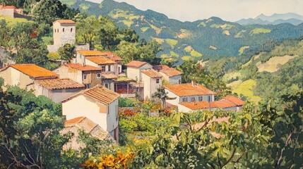 Obraz premium Charming hillside village with terracotta rooftops surrounded by lush greenery and rolling mountains in the background