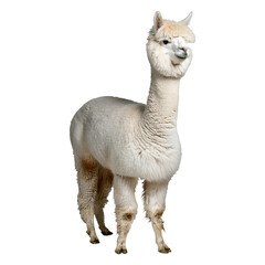 Obraz premium Realistic photo of full body a fluffy alpaca with soft white wool standing, isolated on transparent background