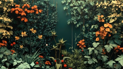 Lush garden scene with vibrant foliage and colorful flowers creating a serene natural ambiance for relaxation and inspiration