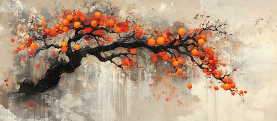 Fototapeta premium vibrant mandarin tree branch with bright orange fruit against a soft textured background in warm earthy tones