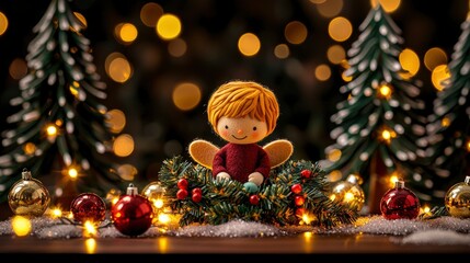 Obraz premium Adorable Christmas Angel Figurine in Festive Setting with Lights and Ornaments