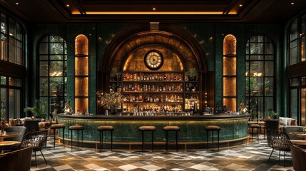 Obraz premium Luxurious emerald green bar with gold accents, arched windows, and a marble floor in a sophisticated restaurant.