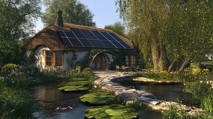 Obraz premium Renewable energy concept featuring a picturesque cottage with solar panels surrounded by nature and a serene pond setting