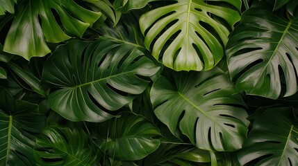 Fototapeta premium Tropical monstera and palm leaves arranged in a seamless pattern, ideal for natural and exotic-themed designs imagine photorealistic portrait